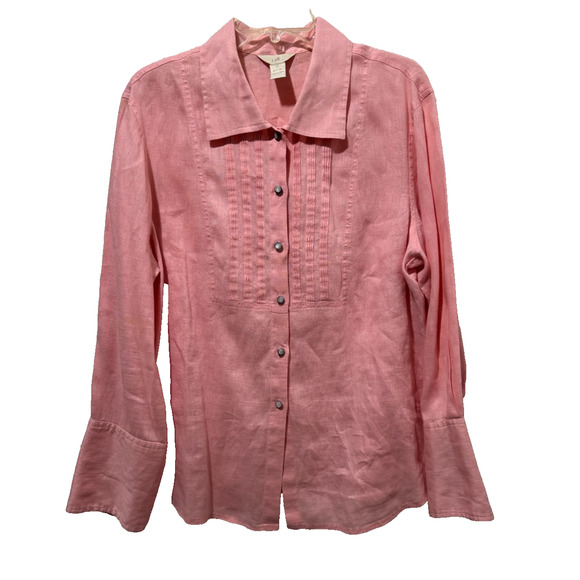 J Jill Women Pink Tie Back Long Sleeve Linen Tunic Top Sz XL MOP Buttons Collar - Picture 1 of 10